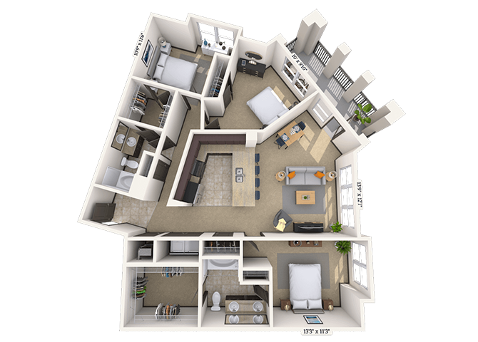 Floor plan for 3 beds, 2 baths, 1380 sqft