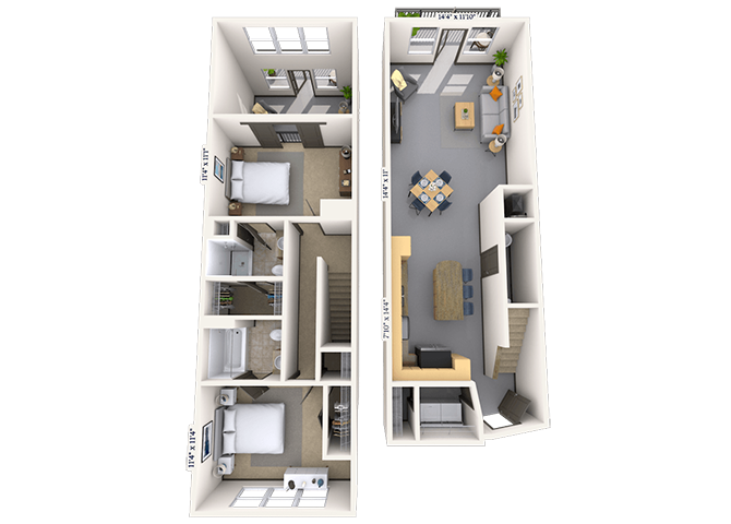 Floor plan for 2 beds, 2.5 baths, 1248 sqft