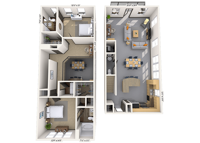 Floor plan for 2 beds, 2.5 baths, 1502 sqft