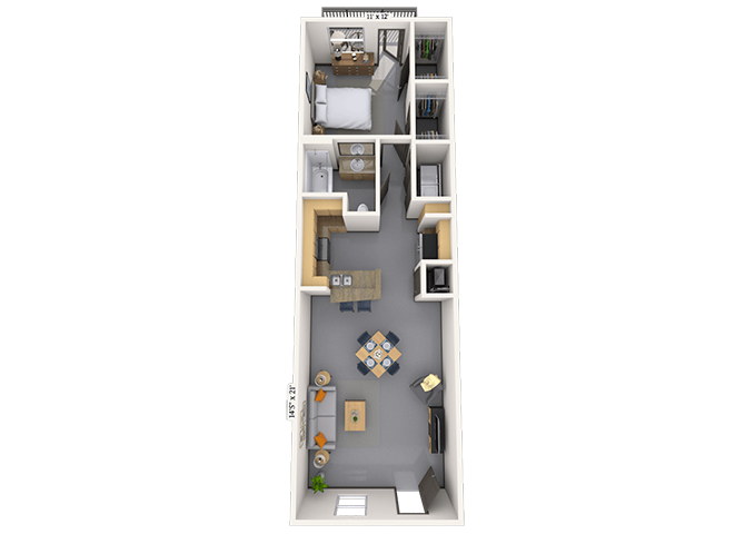 Floor plan for 1 bed, 1 bath, 725 sqft