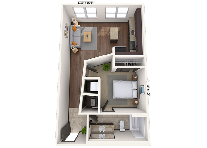 Floor plan for 1 bed, 1 bath, 690 sqft