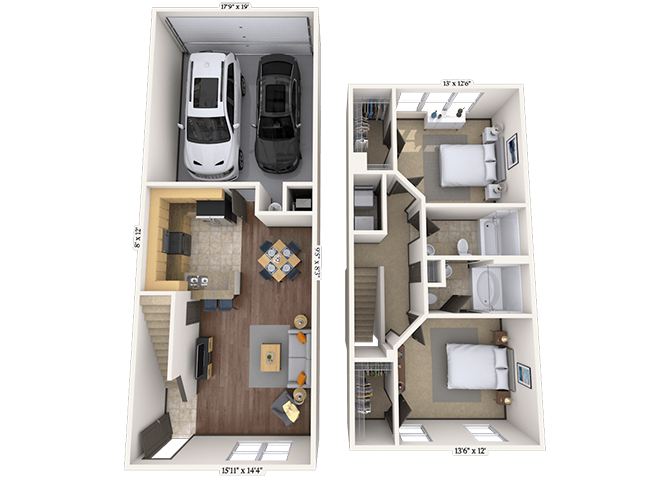 Floor plan for 2 beds, 2 baths, 1188 sqft