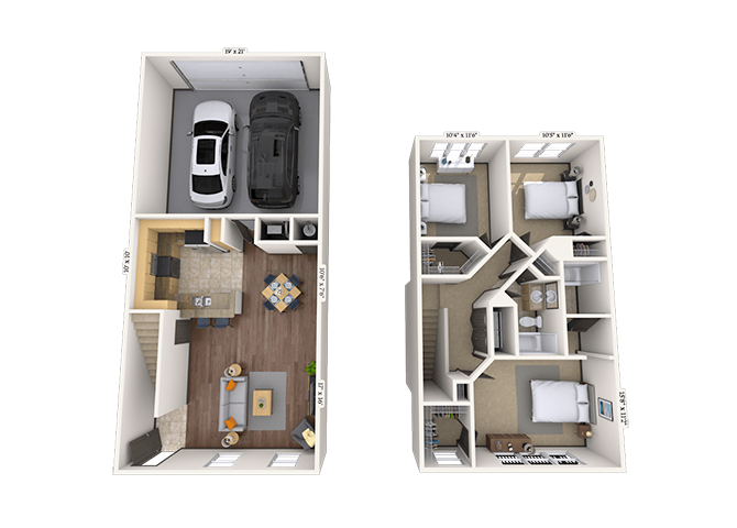 Floor plan for 3 beds, 2 baths, 1396 sqft
