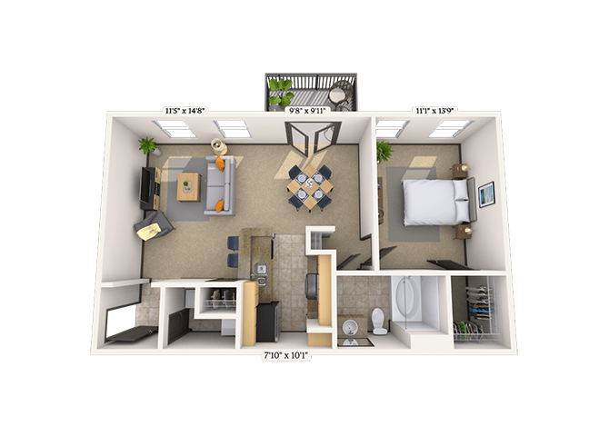 Floor plan for 1 bed, 1 bath, 722 sqft