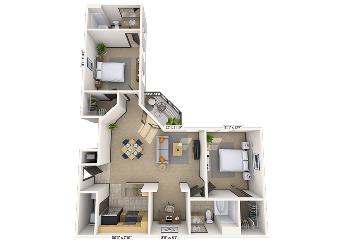 Floor plan for 2 beds, 2 baths, 1063 sqft