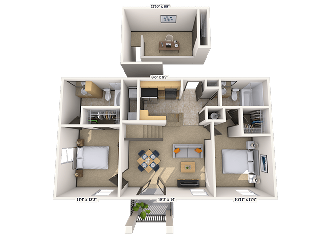 Floor plan for 2 beds, 2 baths, 1071 sqft