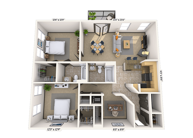 Floor plan for 2 beds, 2 baths, 1141 sqft