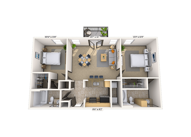 Floor plan for 2 beds, 2 baths, 921 sqft
