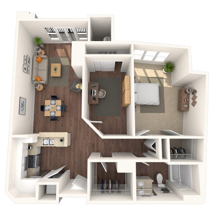 Floor plan for 1 bed, 1 bath, 957 sqft