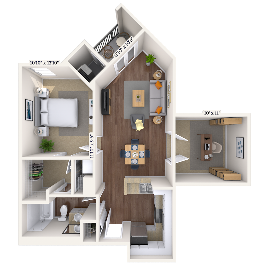 Floor plan for 2 beds, 2 baths, 1019 sqft