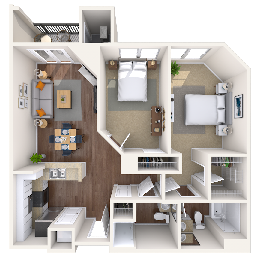 Floor plan for 2 beds, 2 baths, 1113 sqft