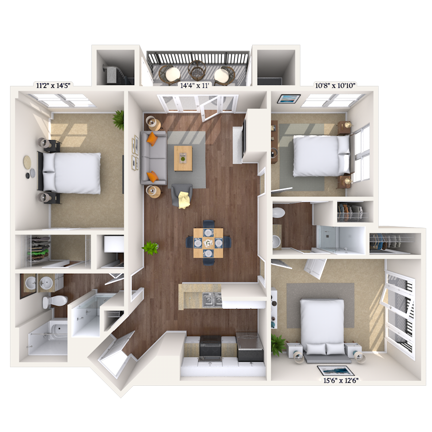 Floor plan for 3 beds, 2 baths, 1244 sqft