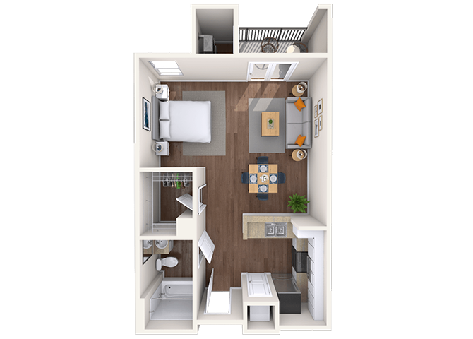 Floor plan for studio, 1 bath, 637 sqft