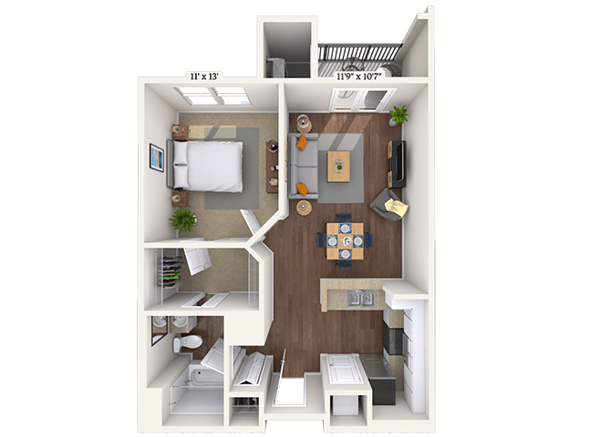 Floor plan for 1 bed, 1 bath, 725 sqft
