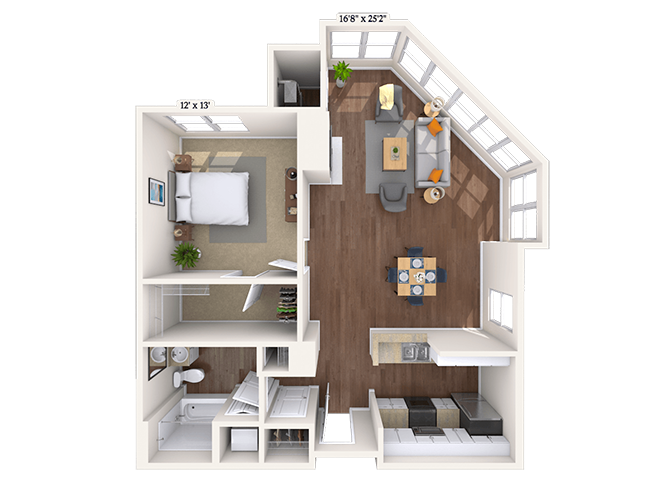 Floor plan for 1 bed, 1 bath, 843 sqft
