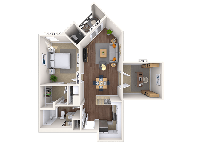 Floor plan for 1 bed, 1 bath, 821 sqft
