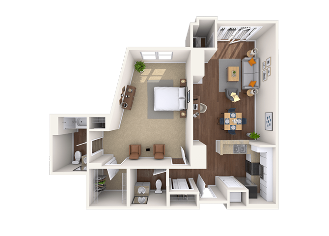 Floor plan for 1 bed, 1 bath, 977 sqft