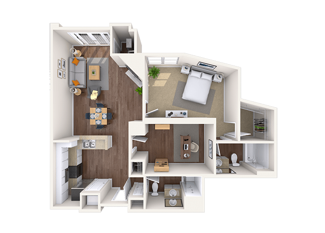 Floor plan for 1 bed, 2 baths, 1021 sqft