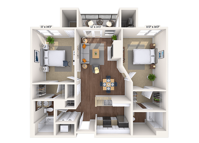 Floor plan for 2 beds, 2 baths, 1077 sqft