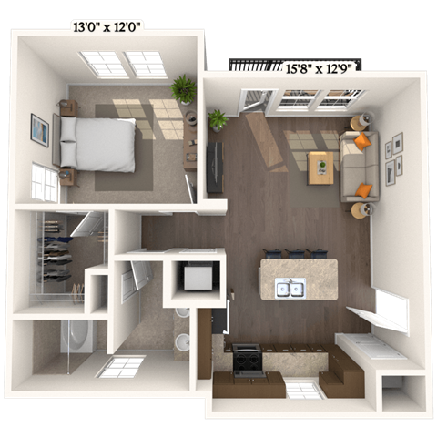 Floor plan for 1 bed, 1 bath, 745 sqft