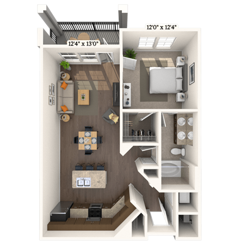 Floor plan for 1 bed, 1 bath, 813 sqft