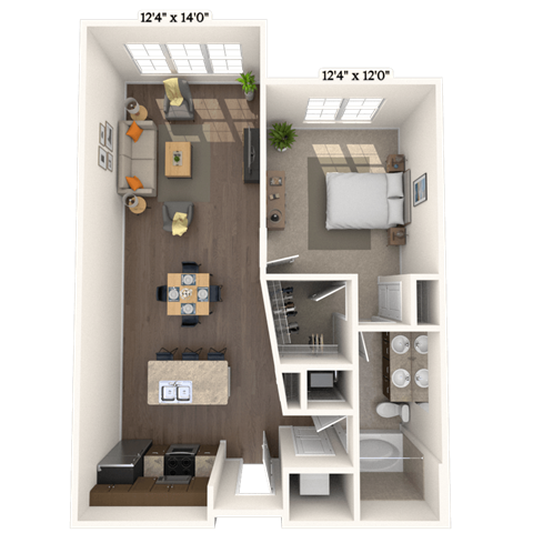 Floor plan for 1 bed, 1 bath, 837 sqft