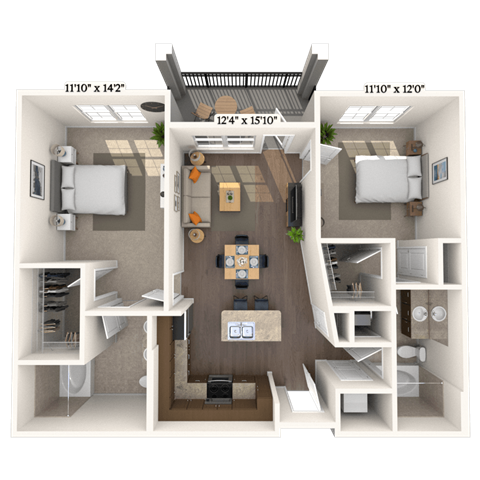 Floor plan for 2 beds, 2 baths, 1052 sqft