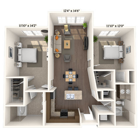 Floor plan for 2 beds, 2 baths, 1142 sqft