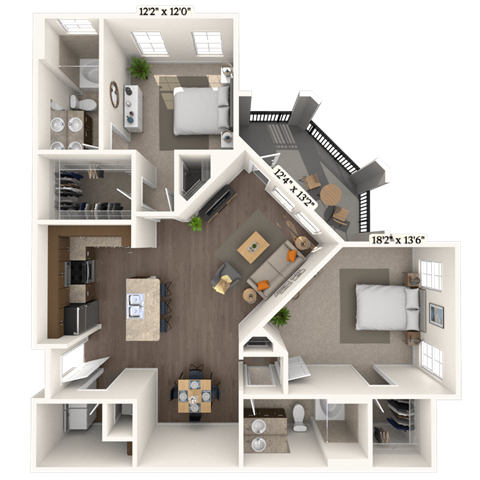 Floor plan for 2 beds, 2 baths, 1200 sqft