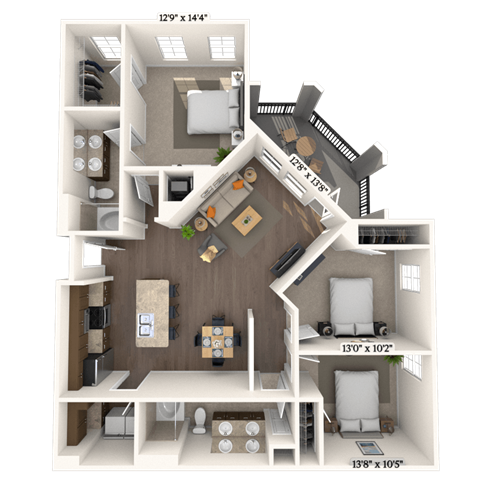 Floor plan for 3 beds, 2 baths, 1288 sqft