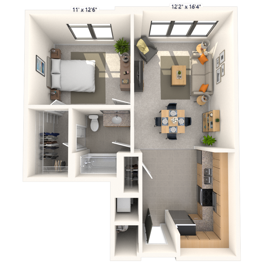 Floor plan for 1 bed, 1 bath, 756 sqft