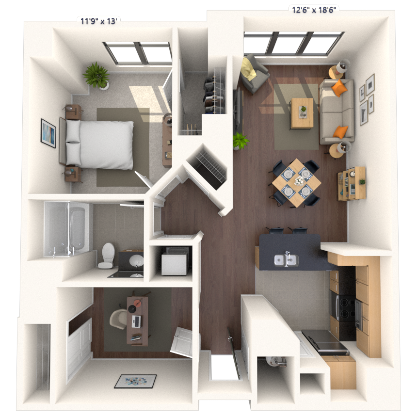 Floor plan for 2 beds, 1 bath, 1005 sqft