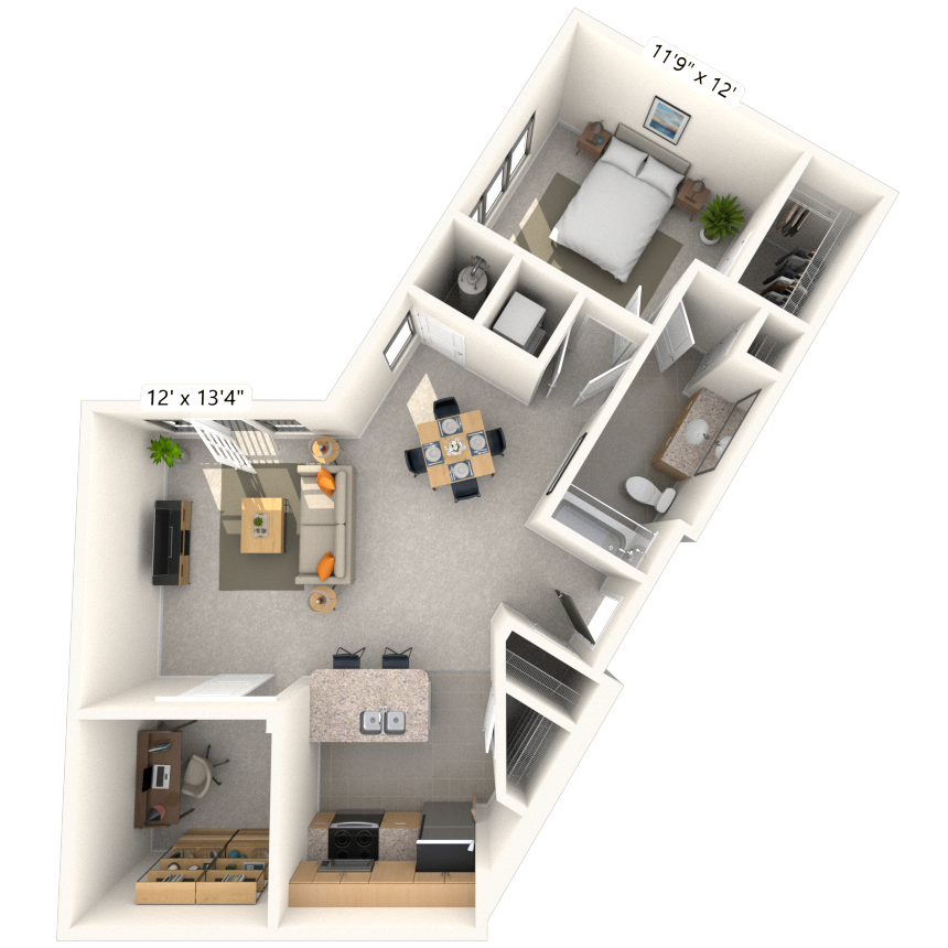 Floor plan for 1 bed, 1 bath, 867 sqft