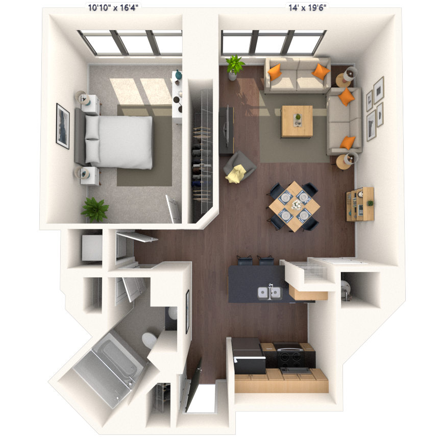 Floor plan for 1 bed, 1 bath, 835 sqft