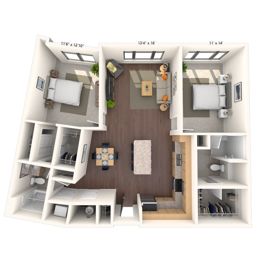 Floor plan for 2 beds, 2 baths, 1240 sqft