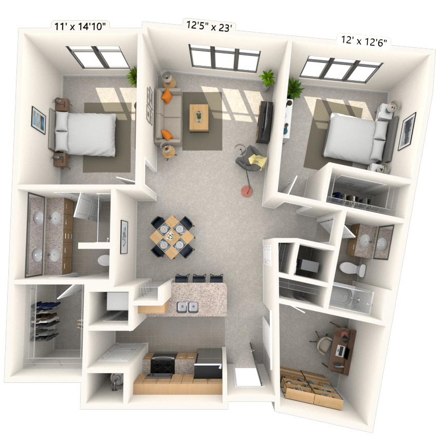 Floor plan for 2 beds, 2 baths, 1226 sqft