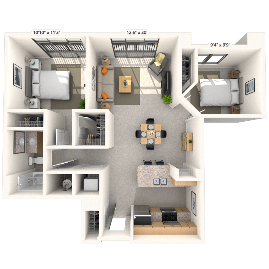 Floor plan for 2 beds, 2 baths, 904 sqft