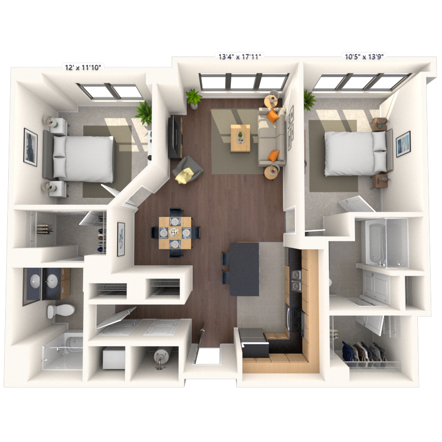 Floor plan for 2 beds, 2 baths, 1153 sqft
