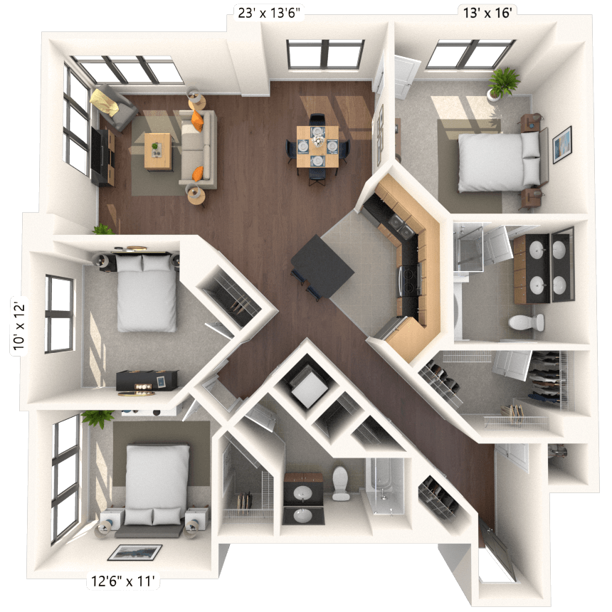 Floor plan for 3 beds, 2 baths, 1452 sqft