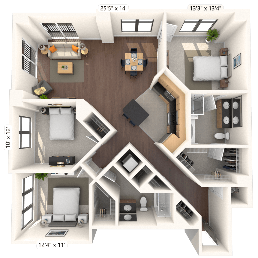 Floor plan for 3 beds, 2 baths, 1267 sqft