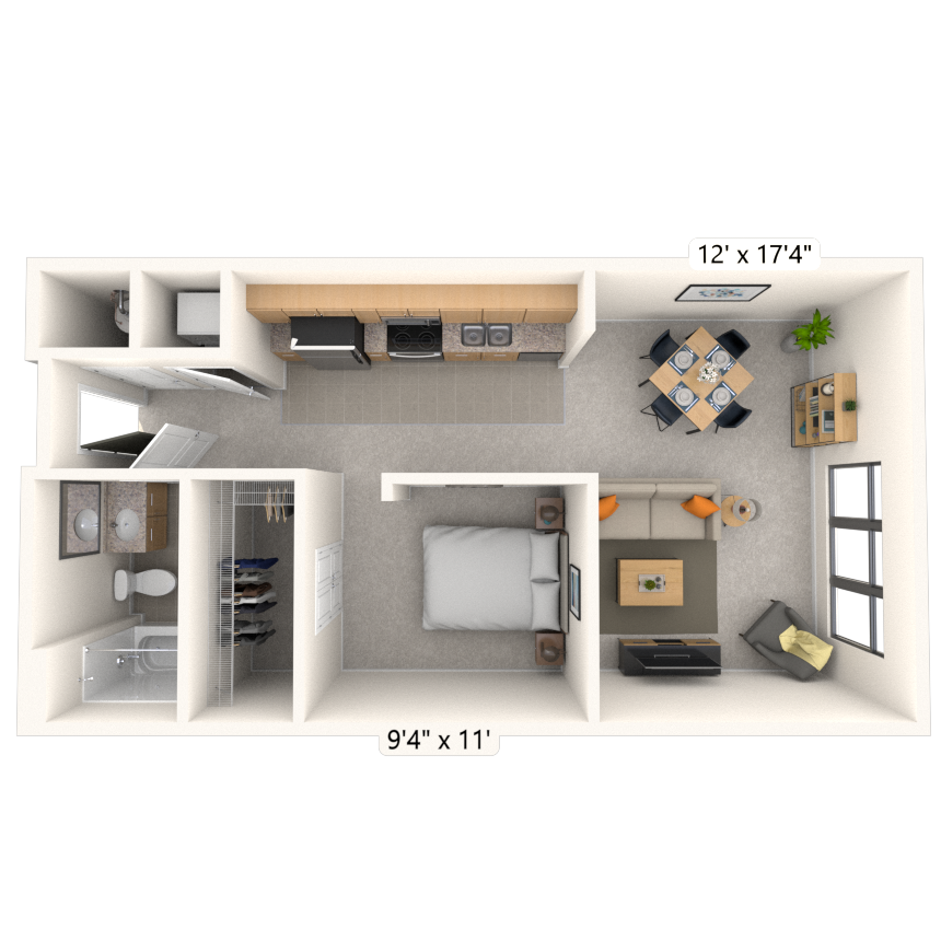 Floor plan for studio, 1 bath, 652 sqft