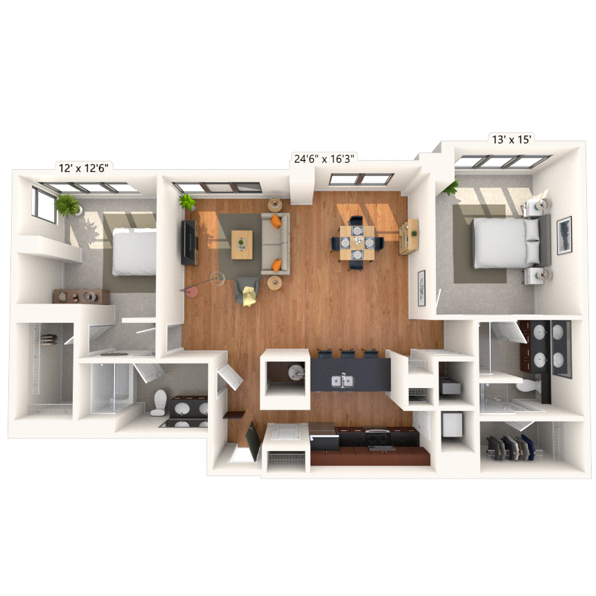 Floor plan for 2 beds, 2 baths, 1394 sqft