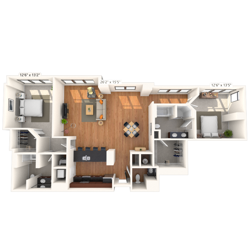 Floor plan for 2 beds, 2.5 baths, 1571 sqft