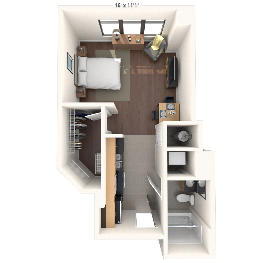 Floor plan for studio, 1 bath, 491 sqft