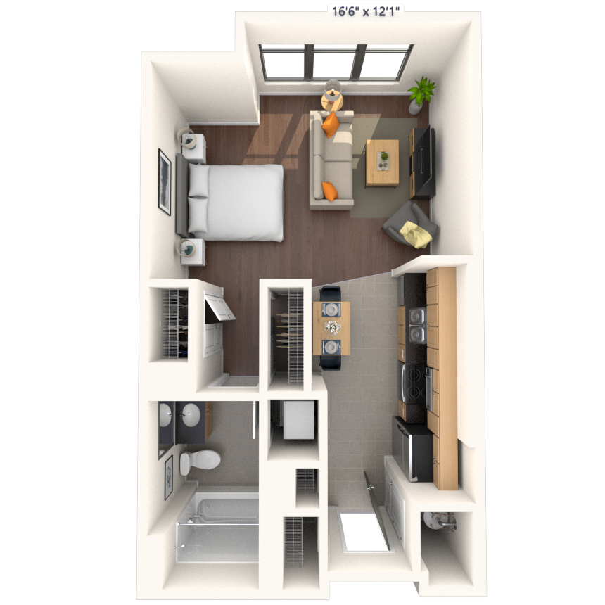 Floor plan for studio, 1 bath, 513 sqft