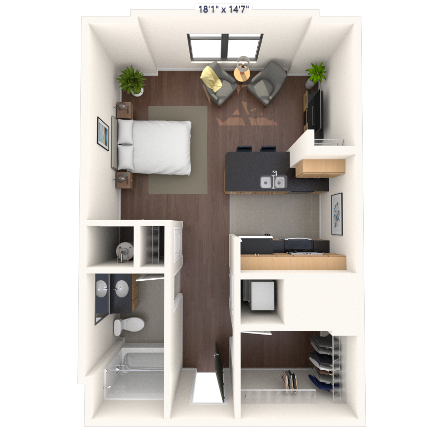 Floor plan for studio, 1 bath, 535 sqft