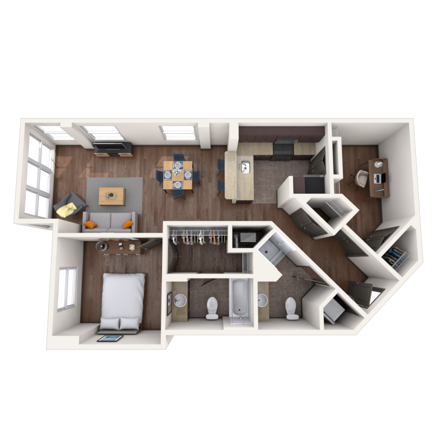 Floor plan for 1 bed, 2 baths, 1025 sqft