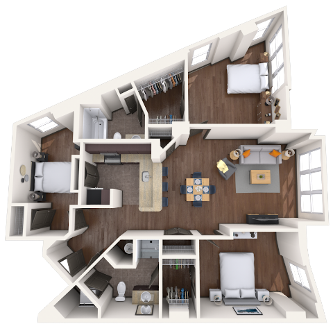 Floor plan for 3 beds, 2 baths, 1279 sqft