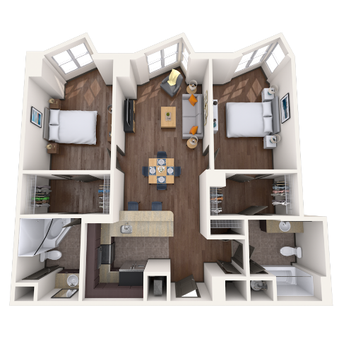 Floor plan for 2 beds, 2 baths, 1067 sqft