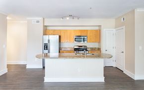 Dallas apartment for rent - a kitchen with a granite counter top and a refrigerator